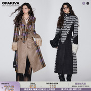 OfAkiva“漫旅拼图”撞色毛呢外套女冬季中长款千鸟格拼接呢大衣