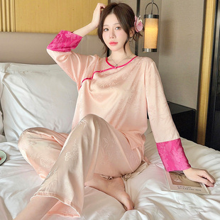 新中式国风睡衣女春夏季冰丝绸薄款套装高级拼接可外穿空调家居服