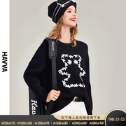 HAVVA2023冬季黑色毛衣女宽松外穿卡通刺绣针织衫上衣M86090