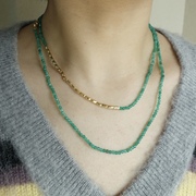 清新氧气。绿色石小珠拼接金米粒橄榄细版长项链可双层叠戴时髦