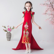 中式女童改良旗袍模特走秀儿童，红色洋气唐装小女孩古筝演出服宝宝