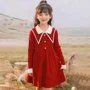 圣诞节女童毛衣连衣裙秋冬儿童红色，新年衣服洋气，大童裙子时髦童裙