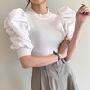 韩国chic夏季复古宫廷风圆领泡泡，灯笼袖收口螺纹拼接短袖衬衫上衣