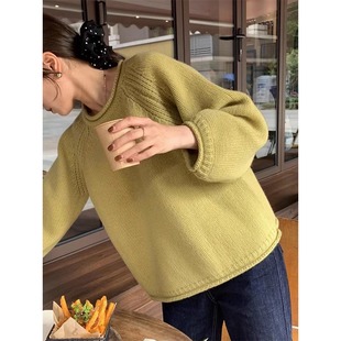 法式洋气黄色针织衫毛衣套头，2023女秋季粗棒针宽松慵懒风上衣