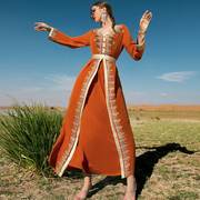 橘色重工手缝钻拼接蕾丝花边，假两件连衣裙中东印尼旅游大码长裙