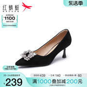 红蜻蜓单鞋女法式气质黑色，复古细跟高跟鞋婚鞋通勤职业女鞋皮鞋