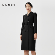 lancy朗姿2023秋冬季黑色西装连衣裙收腰显瘦长袖羊毛裙子女