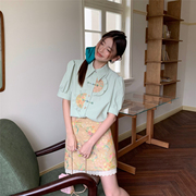 花妖原创复古新中式荷叶边盘扣绿色衬衫高腰提花蕾丝短裙两件套装