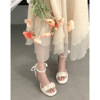 白色蝴蝶结仙女风法式凉鞋，女2023年夏季珍珠，配裙子高跟鞋