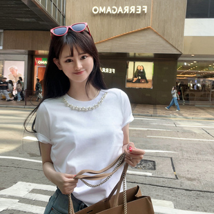 韩版夏季2024设计感重工钉珠，珍珠圆领体恤上衣白色短袖t恤女