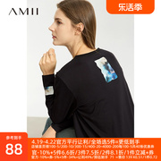 Amii新疆棉长袖T恤女2024春季直筒打底衫新中式印花圆领上衣
