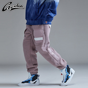 guuka羊羔绒束脚裤男潮牌学生，嘻哈logo刺绣，粉色加厚运动裤子宽松