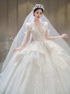 婚纱2024新娘主纱长袖重工拖尾法式复古高级质感迎宾纱小个子