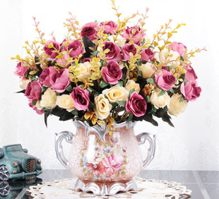 假花仿真花客厅摆设餐桌茶几欧式绢花摆花件卧室装饰玫瑰干花盆栽