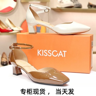 KISSCAT接吻猫2024春粗跟包头玛丽珍鞋一字带凉鞋单鞋KA54122-10