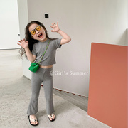 艾摩贝贝女童韩版短袖t恤上衣，+高弹喇叭裤儿童，时髦两件套装夏童装(夏童装)