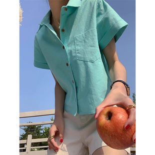 韩国chic夏季气质百搭款翻领单排扣宽松休闲糖果色短袖衬衫上衣女