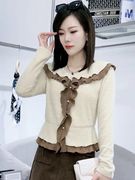 韩系时尚复古高级感荷叶，边娃娃领长袖针织衫，女2024冬季上衣潮