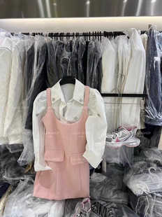 春季甜辣风镶钻泡泡袖衬衫粗花呢粉色吊带裙两件套装