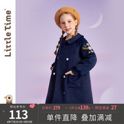 littletime女童毛呢外套秋冬装刺绣2023春秋中长儿童加厚大衣