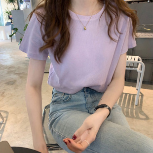 夏季t恤女宽松淡紫色短袖，糖果色百搭修身显瘦小个子奶紫色上衣夏