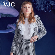vjc威杰思秋冬女装，法式荷叶领外套，撞色短款修身长袖