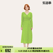 stinegoya绿色，女士v领长袖中长款连衣裙