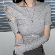 韩国ZF336气质女人味！时髦露锁骨AB版半袖T恤+袖套套装