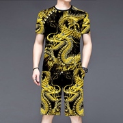 男士休闲运动套装夏季短袖T恤短裤韩版潮流牌龙图案加大码两件套
