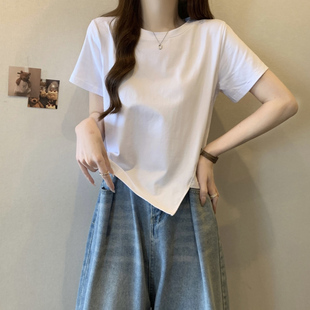 不规则下摆短袖T恤女夏季韩版修身显瘦短款小个子半袖上衣打底衫