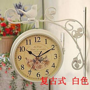 欧式田园静音挂钟小鸟，站枝头客厅铁艺双面钟表，韩式圆形挂钟表