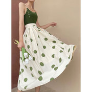 绿色波点半身裙女春季2024复古法式a字伞裙，蓬蓬高腰大摆裙子