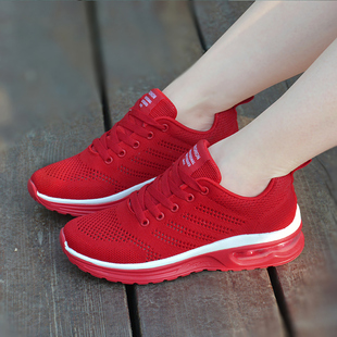 女鞋红色运动鞋春秋鞋子，女士透气气垫波鞋单鞋，休闲鞋浅口中跟平底