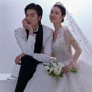 2023韩式简约新娘遮面头纱水钻珍珠花瓣装饰婚纱摄影道具