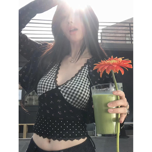 格子拼接波点碎花吊带背心女春季甜辣妹性感蕾丝花边上衣两件套装