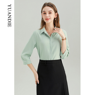 七分袖衬衫女春装半袖面试职业，雪纺上衣高级感小个子中袖绿色衬衣