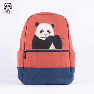 创意手绘熊猫背包拼接撞色时尚双肩帆布包熊猫基地大容量书包