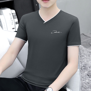 T206-D71125莫代尔撞色V领碳灰纯棉短袖t恤男夏季潮牌运动衫