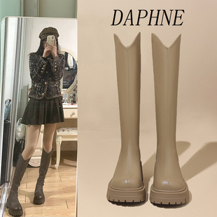 达芙妮卡其色长筒靴女款秋冬2023厚底靴子，小个子配裙子骑士靴