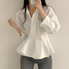 韩国chic秋季法式复古设计感小众洋气褶皱，收腰荷叶边裙摆长袖衬衫