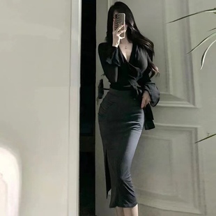 HH御姐风套装裙女秋季气质黑色防晒衬衫灰色开叉半身裙两件套