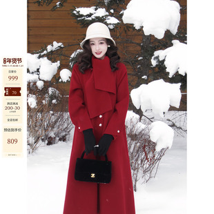 70元券朱砂新中式优雅红色新年外套女围巾款全羊毛双面呢大衣
