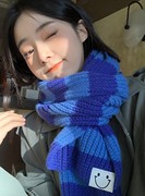 韩版蓝色条纹针织围巾女秋冬季学生保暖百搭护围脖