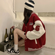 酒红色棒球服少女春秋2024初中高中学生美式复古休闲薄款外套