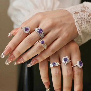 欧美小众轻奢设计感浪漫紫色宝石锆石微镶 气质甜美复古开口戒指