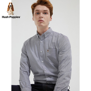Hush Puppies暇步士男装春季拼接条纹尖领纯棉长袖衬衫PA-22165D