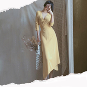 大码连衣裙鹅黄色V领淡黄中长裙腰带干净纯色气质性感熟女1961