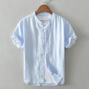 夏季亚麻衬衫男士短袖修身上衣薄款透气翻领青年棉麻料休闲白衬衣