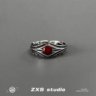 ZXS复古红锆石戒指男潮ins街头嘻哈高级感小众设计个性潮流指环女