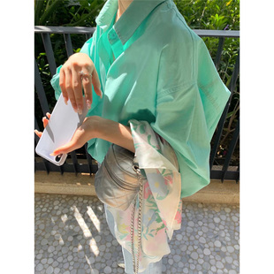 自制韩版简约薄荷绿翻领衬衫女春气质小众设计感宽松长袖防晒衬衣